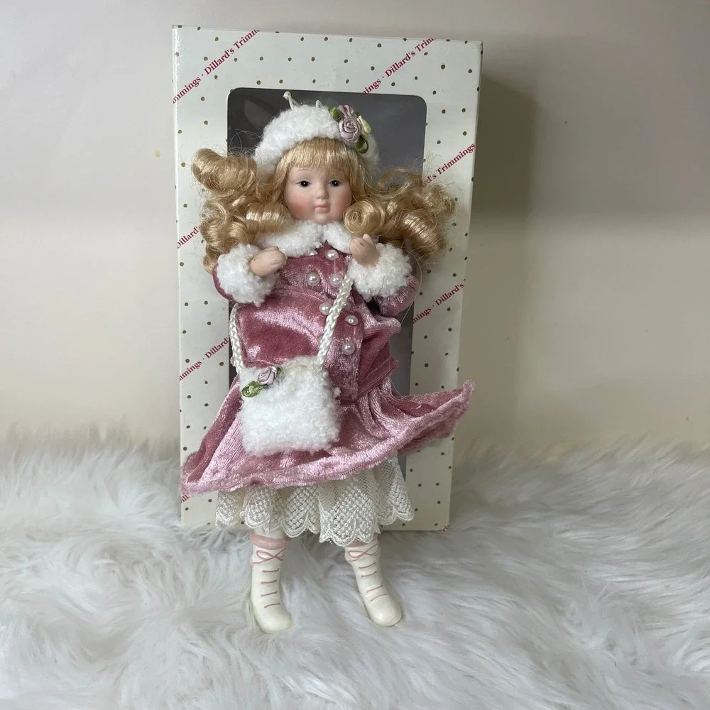 Vintage Dillard's Trimmings Winter Girl Ornament Pink‎ Velvet Coat w/ Box